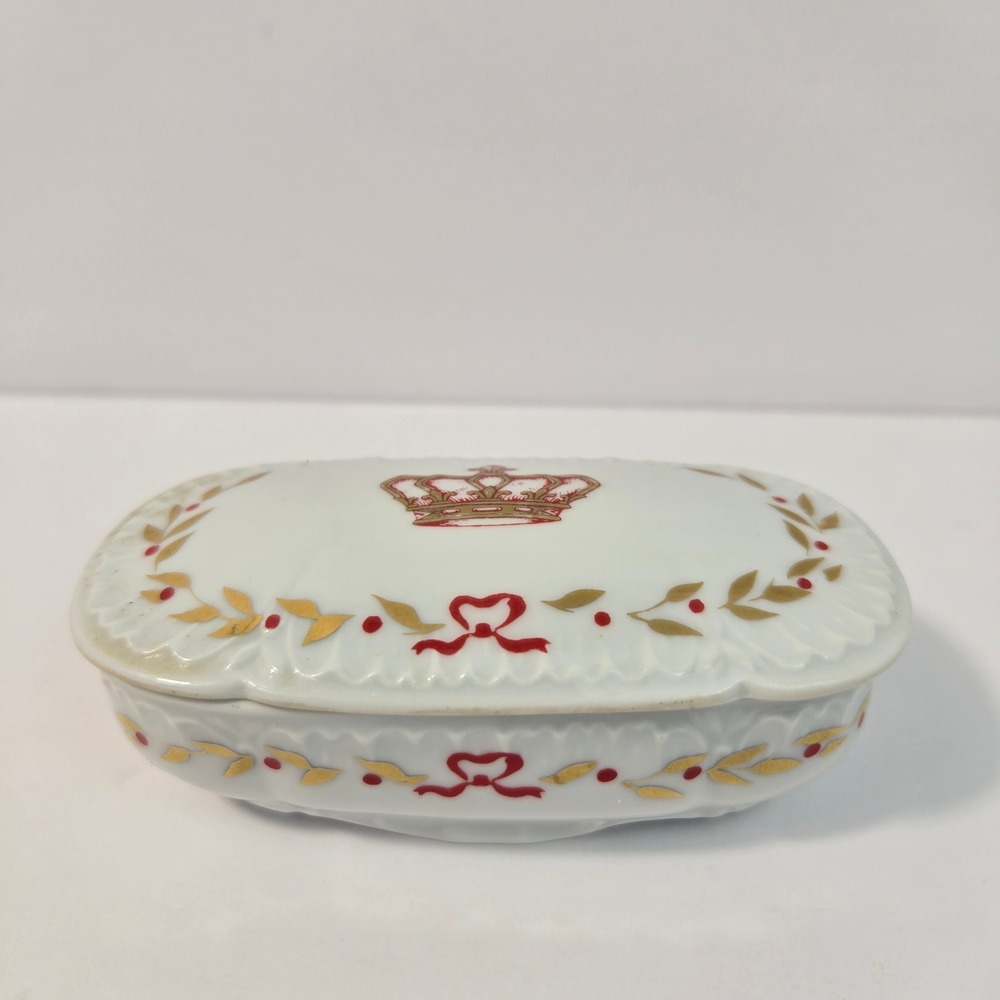 Royal Limoges France Porcelain Trinket Box Crown Laurel Wreath Gold Red Oval